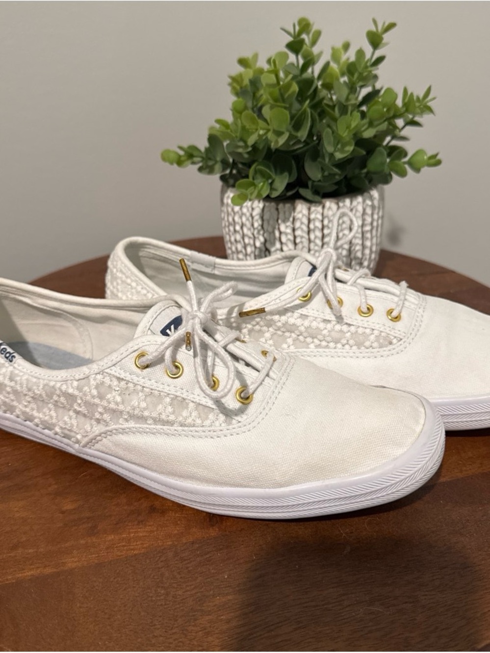 Keds White Lace-Panel Canvas Flats with Gold-Tone Eyelets